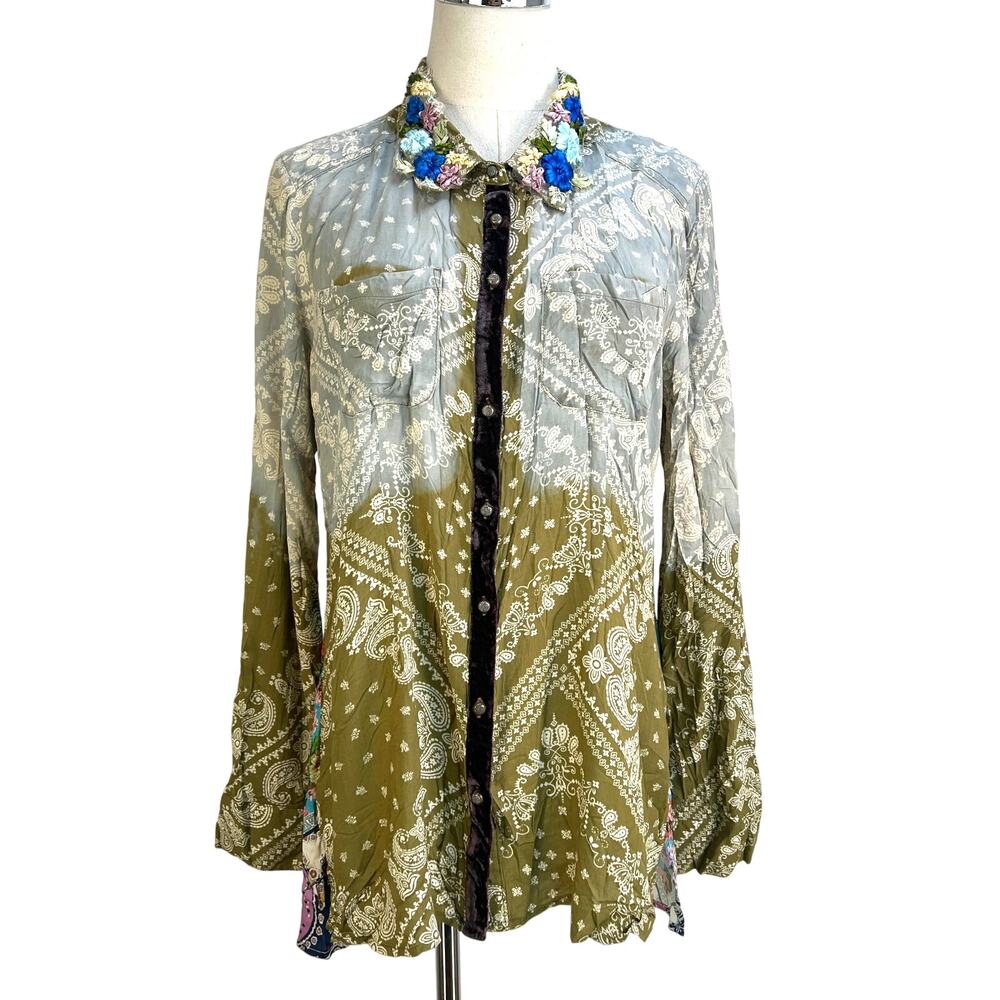 Aratta Silent Journey Button Down Shirt Floral Blouse Paisley Top
